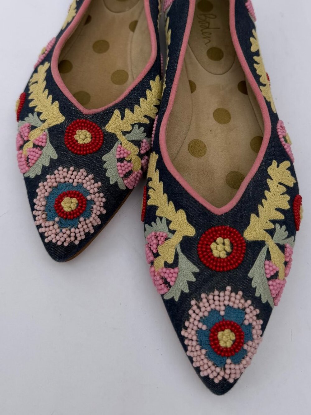 Boden Beaded Embroidered Denim Pointed Toe Flats EU 39 US 8.5 Floral Blue Pink - Picture 8 of 8